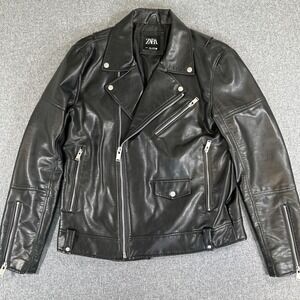 ZARA Black Faux‎ Leather Moto Biker Jacket Large Zip Punk Rock Womens